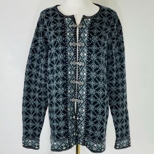 Nomadic Traders fair isle hook button front Cardigan Sweater Black Blue …